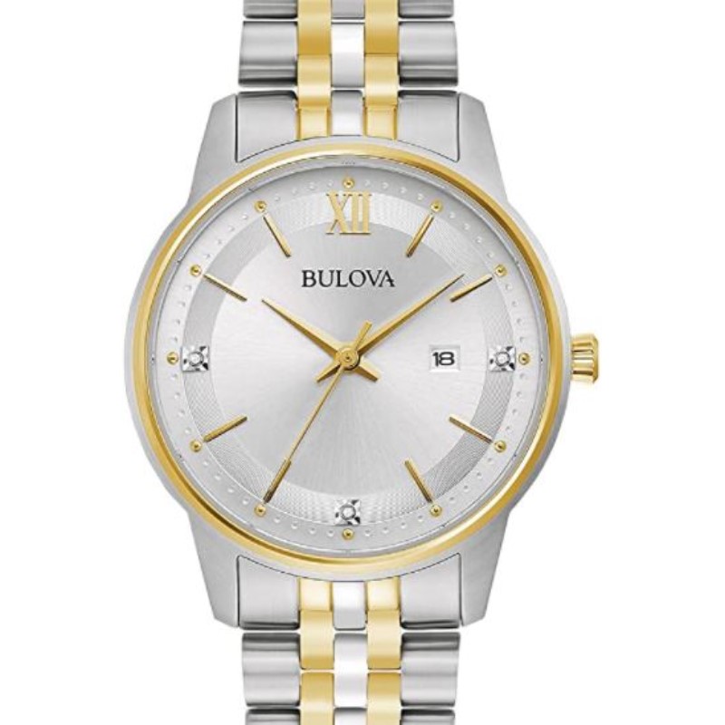 Bulova Diamonds Stainless watch  The watch contains a 33mm case with a gold tone bezel