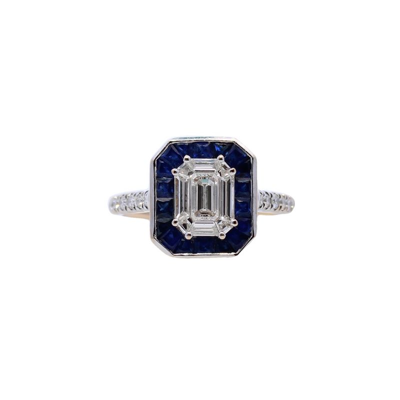 Estate Gregg Ruth 18 Karat White Gold Diamond And Blue Sapphire Ring