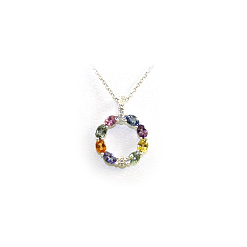 GGR 18 Karat White Gold Diamond and Multi Sapphire Circle Pendant Suspended On A 18" Cable Link Chain W/Lobster Clasp