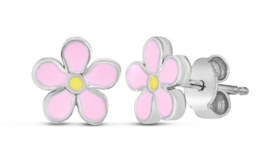 Silver Pink Enamel Pink Flower Studs