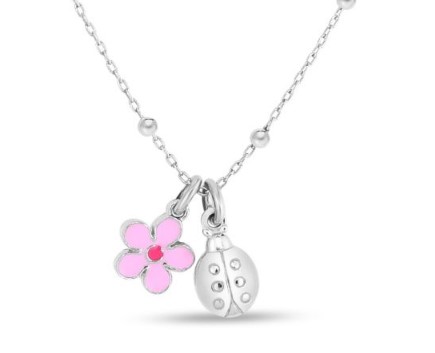 Royal Chain Silver Pink Enamel Flower Ladybug Necklace 16 inches