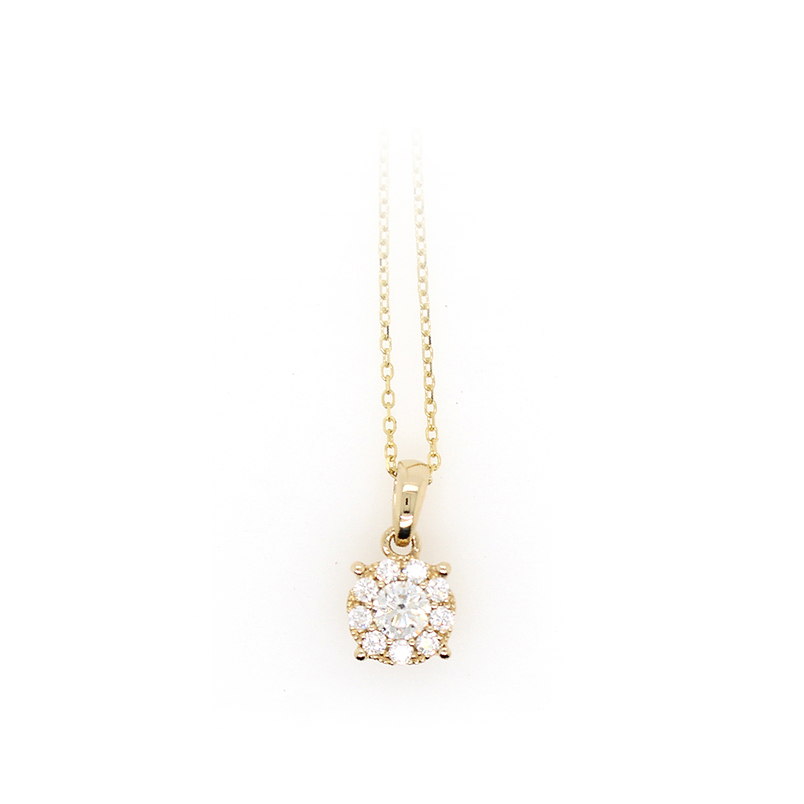 14K Yellow Gold Diamond Cluster Pendant Necklace Having 1 Fc Prong Set Dia In The Ctr Surrounded By 9 Fc Diamonds Prong Set In A Halo Design