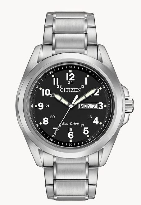 Citizen Garrison The watch contains 43mm case arabic markers a black dail with a white date dail mineral crystal and eco-drive technology. Three row link bracelet.