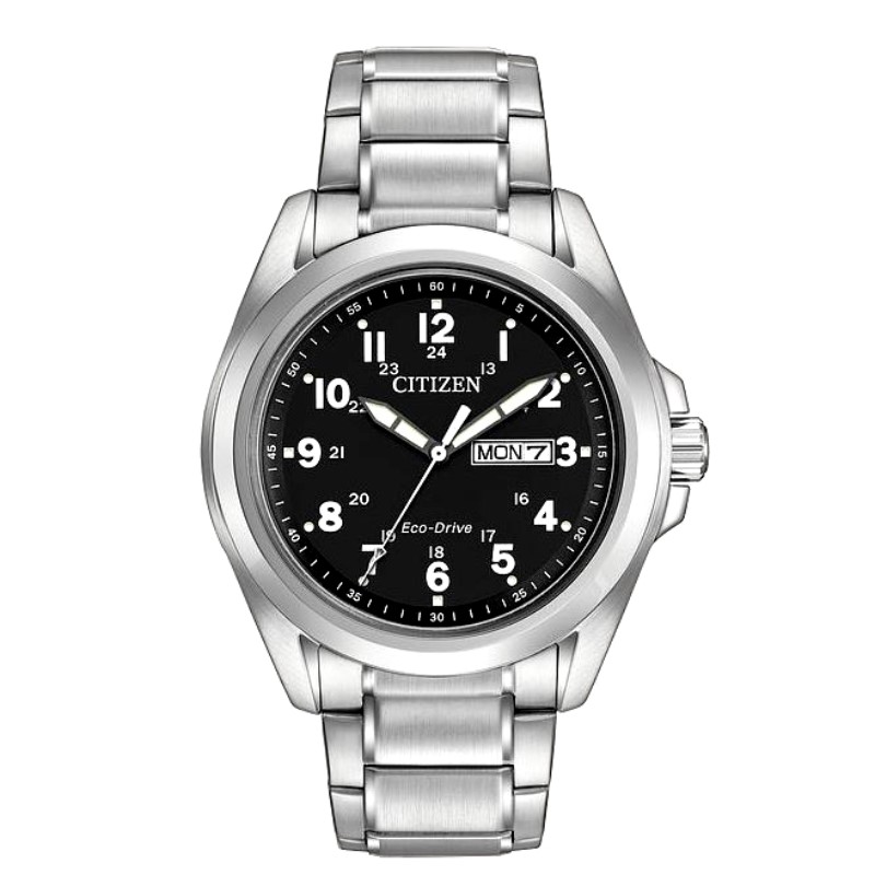 Citizen Garrison The watch contains 43mm case arabic markers a black dail with a white date dail mineral crystal and eco-drive technology. Three row link bracelet.