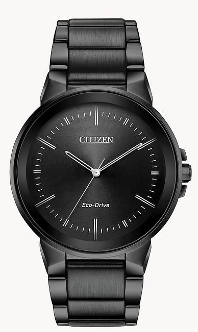 Citizen Axiom Watch. The Watch Contains A Stainless 41 mm Case With A Black Marker Dial Having Edge to Edge Mineral Crystal. The watch also contrains an Eco drive movement three row black tone stainless bracelet