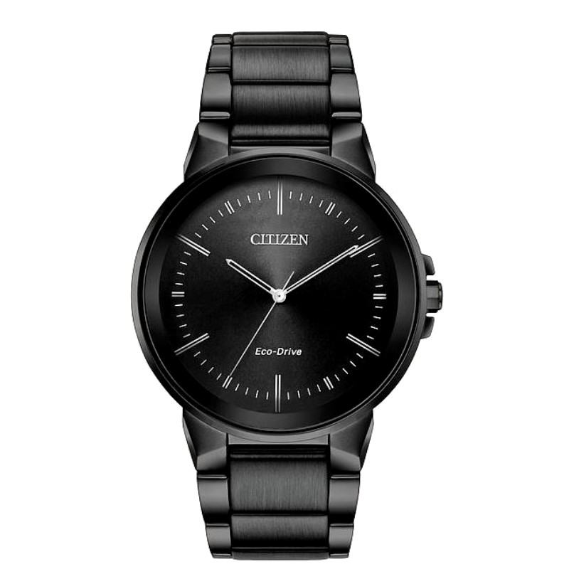 Citizen Axiom Watch. The Watch Contains A Stainless 41 mm Case With A Black Marker Dial Having Edge to Edge Mineral Crystal. The watch also contrains an Eco drive movement three row black tone stainless bracelet