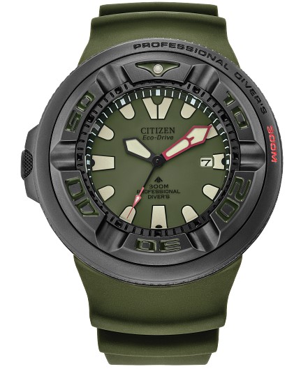 CITIZEN  Promaster Dive "Ecozilla" Features A BLACK Stainless Steel Case  A GREEN 3-Hand Dial With Luminous Hands And Markers For Superior Legibility  And A Durable  GREEN Polyurethane Strap For Lightweight Comfort