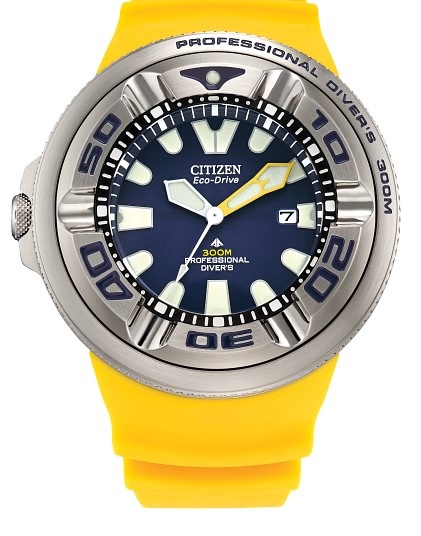 Promaster Dive "Ecozilla" Features A Silver-Tone Stainless Steel Case  A Dark Blue 3-Hand Dial With Luminous Hands And Markers For Superior Legibility  And A Durable  Yellow Polyurethane Strap For Lightweight Comfort