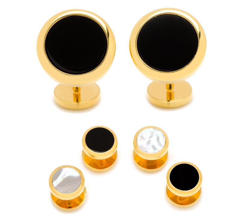 Double Sided Gold Onyx And Mother Of Pearl Round Beveled Stud Set