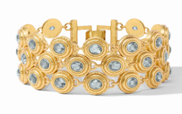 Julie Vos 24 Karat Yellow Gold Plated Tudor Three Row Tennis Bracelet With 32 Oval Links Each With A Peacock Blue Stone And Fold Over Clasp.