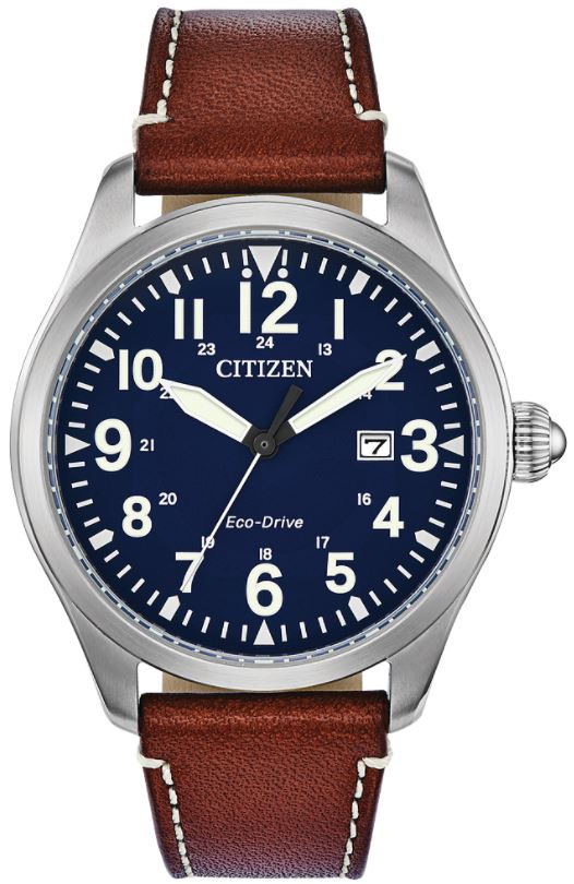 Citizen Chandler timepiece. The watch contains a 42mm round stainless steel case blue date dial polished bezel and mineral crystal. The solar powered Eco-Drive movement is water resistant to 100 meters. The watch also has a brown leather strap with sta