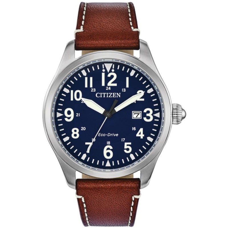 Citizen Chandler timepiece. The watch contains a 42mm round stainless steel case blue date dial polished bezel and mineral crystal. The solar powered Eco-Drive movement is water resistant to 100 meters. The watch also has a brown leather strap with sta