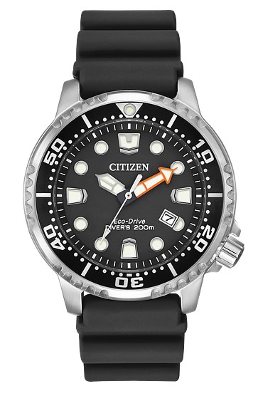 Citizen Promaster Dive watch having a 44mm stainless steel case with a black marker date dial