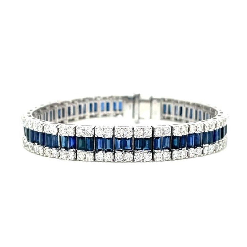 14 Karat White Gold Blue Sapphire And Diamond Link Bracelet
