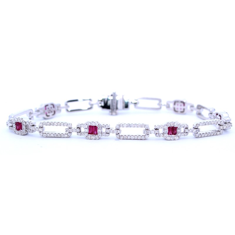 18 Karat White Gold Diamond And Ruby Link Bracelet
