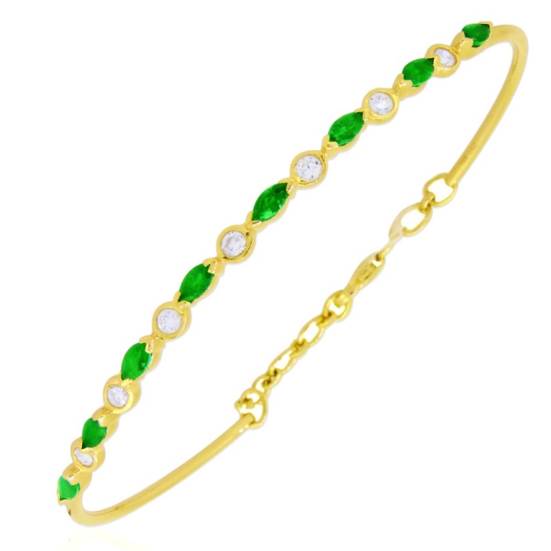 14 Karat Yellow Gold Emerald And Diamond Bangle Bracelet