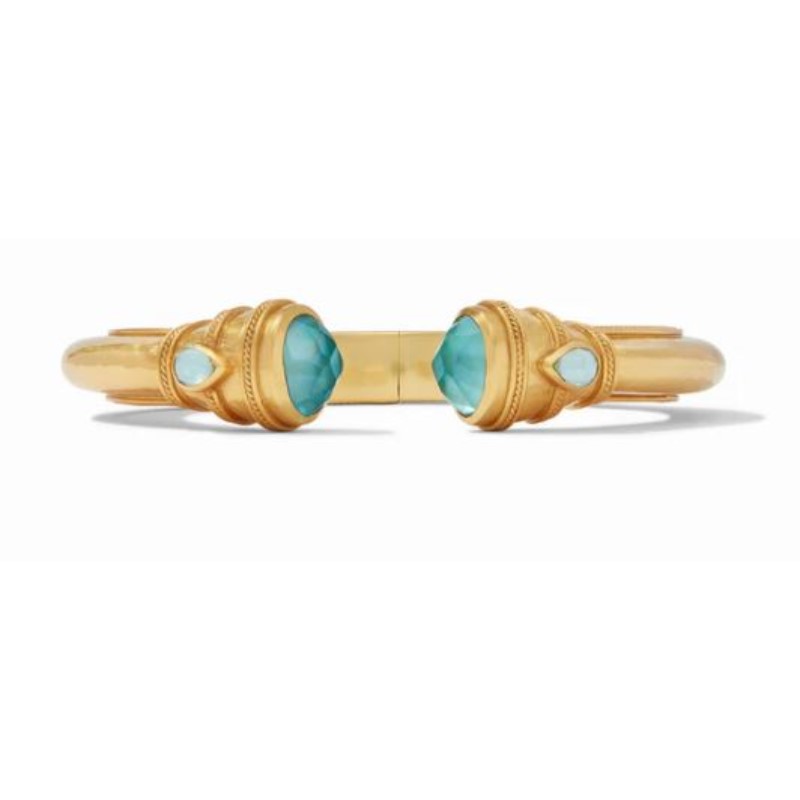 Julie Vos  Demi Cuff 24 Karat Yellow Gold Plated With Blue Endcaps Accented With Pear Shape Pearls And Fine Twisted Wire On A Luxuriously Gilded Shank.