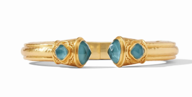 Julie Vos 24 Karat Yellow Gold Plated Astor Demi Cuff Having Oval Shaped End caps And Diamond Shaped Accents With Iridescent Peacock Blue Stones.