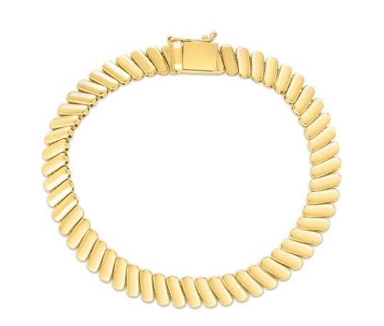 14 Karat Yellow Gold 7" Polished Fancy Ribbed Link 7mm Chain Bracelet With Box/Figure 8 Clasp.