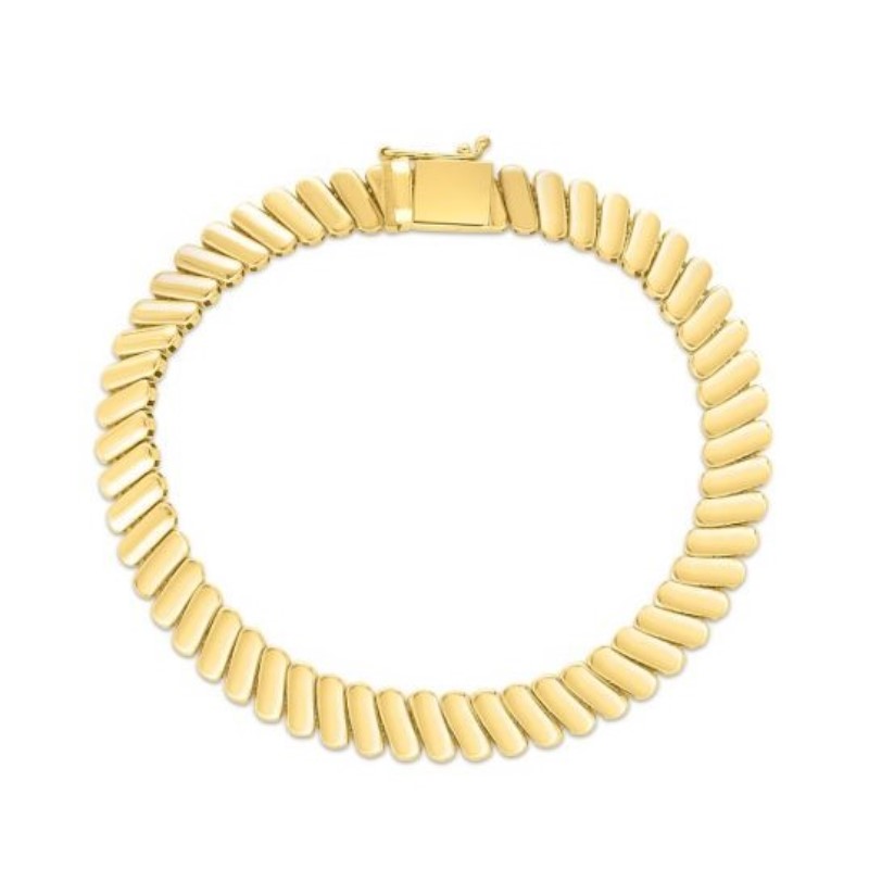 14 Karat Yellow Gold 7" Polished Fancy Ribbed Link 7mm Chain Bracelet With Box/Figure 8 Clasp.