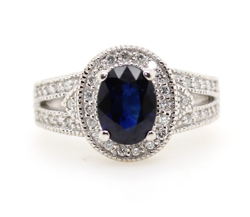 Estate 14 Karat White Gold Blue Sapphire And Diamond Ring