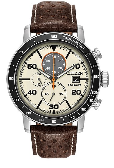 Citizen  Brycen timepiece  The watch has a stainless steel  44mm case with black aluminum plated bezel  hickory brown leather strap with light brown dial  features 1/5-second chronograph measuring up to 60 minutes  12/24-hour time and date