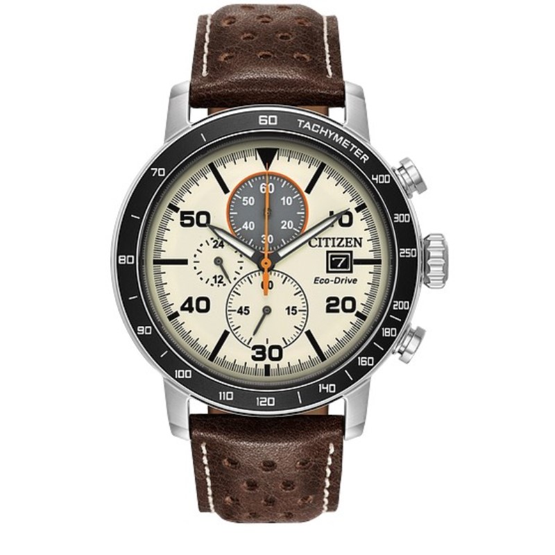 Citizen  Brycen timepiece  The watch has a stainless steel  44mm case with black aluminum plated bezel  hickory brown leather strap with light brown dial  features 1/5-second chronograph measuring up to 60 minutes  12/24-hour time and date