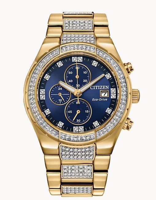 Citizen Crystal watch having a gold-tonel 42mm case with a blue crystal date dail with three subdials that features a chronograph 12/24 hour time and the current date crystal bezel with a mineral crystal.The watch also cantains an Eco-Drive movement and