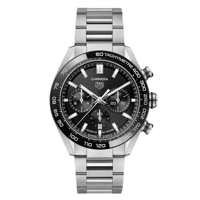 Tag Heuer Carrera Chronograph Watch. The Watch Has A 44 Mm Round Brushed And Polished Steel Case Black Dial With 3 Sub Dials Sapphire Crystal Polished Black Ceramic Tachymeter Fixed Bezel & Skeleton Back. The Automatic Chronograph Movement Is Water Res