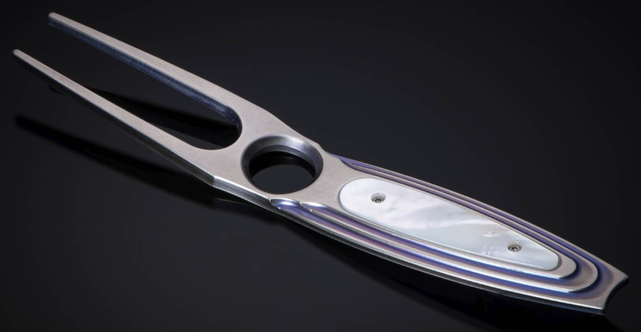 The 'Spyglass' Divot Tool  Features A Solid Body Machined From Aerospace Grade Titanium Billet  Anodized To A Beautiful Blue  And Inlaid With White Mother Of Pearl