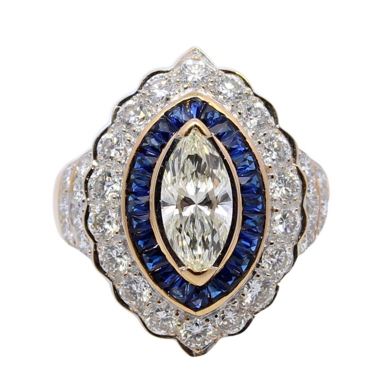 Estate 18 Karat Yellow Gold Marquise Diamond And Blue Sapphire Ring