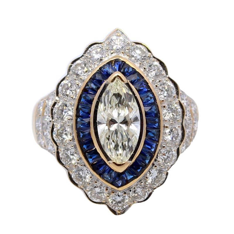 Estate Marquise Diamond And Blue Sapphire Ring