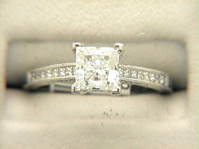 Tacori Plat Dia Semi-Mt Ring W/Milligrain Edge Trim Having Modified 4 Prong Ctr With 1 Princess Cut Cz  6Mm