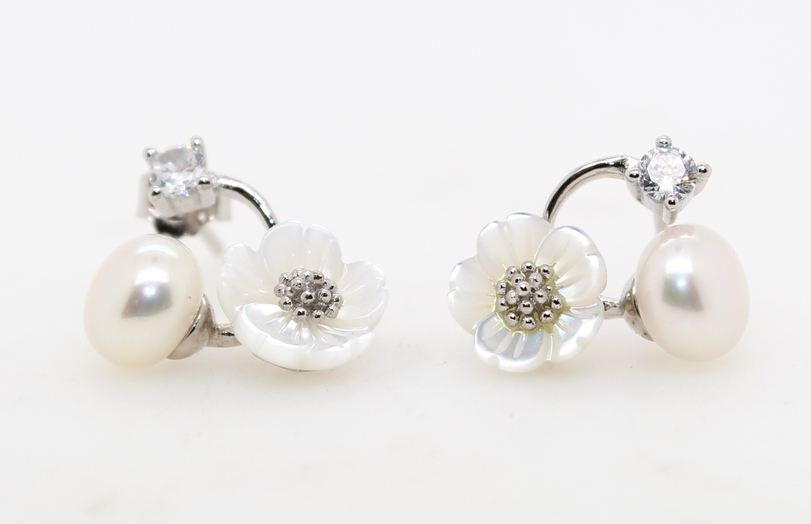 Sterling Silver White Freshwater Pearl Flower Earrings With Post And Friction Backs.