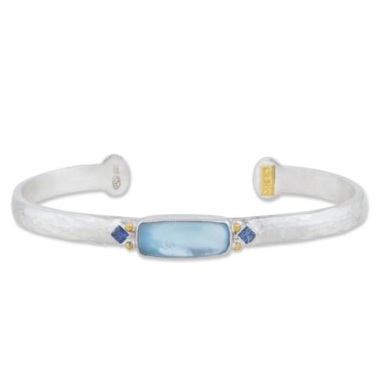 Lika Behar 24K Gold & Sterling Silver “Dive-In” Open Bracelet With Rectangular Cabochon Blue Topaz & Mother Of Pearl Doublet  Blue Sapphires = .20 Carat  Blue Topaz 7X16 Mm 5.64 Carats.