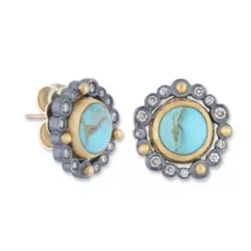 Lika Behar 24K Gold & Oxidized Silver “Dylan” Stud Earrings With Round Cabochon Turquoise & Cognac Diamonds  18K Posts & Backings 8 mm