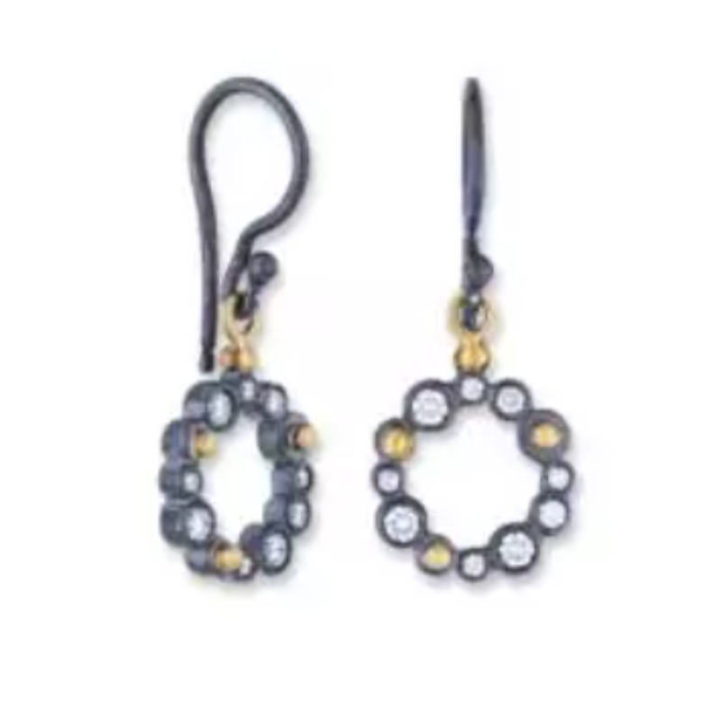 Lika Behar 24K Gold & Oxidized Sterling Silver “Dylan” Round Drop Earrings With Gold Granulations And Diamonds  Oxidized Silver Earwires  18 Diamonds = .28 Carat.