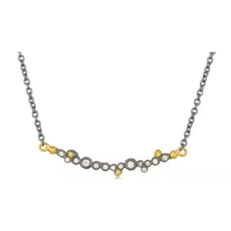 Lika Behar 24K Gold And Oxidized Silver “Dylan” Bar Necklace With Diamonds And 24K Granulations  16″-18″