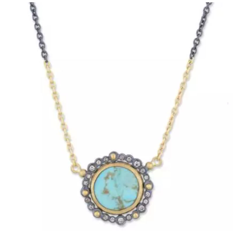 Lika Behar 24K Gold & Oxidized Silver “Dylan” Necklace With Round Cabochon Kingman Turquoise & Cognac Diamonds On A 23.5K Gold Adjustable Mixed Gold Chain  16″-18″ 14Mm Turquoise 6.0 Carat   19 Diamonds = .21 Carat.
