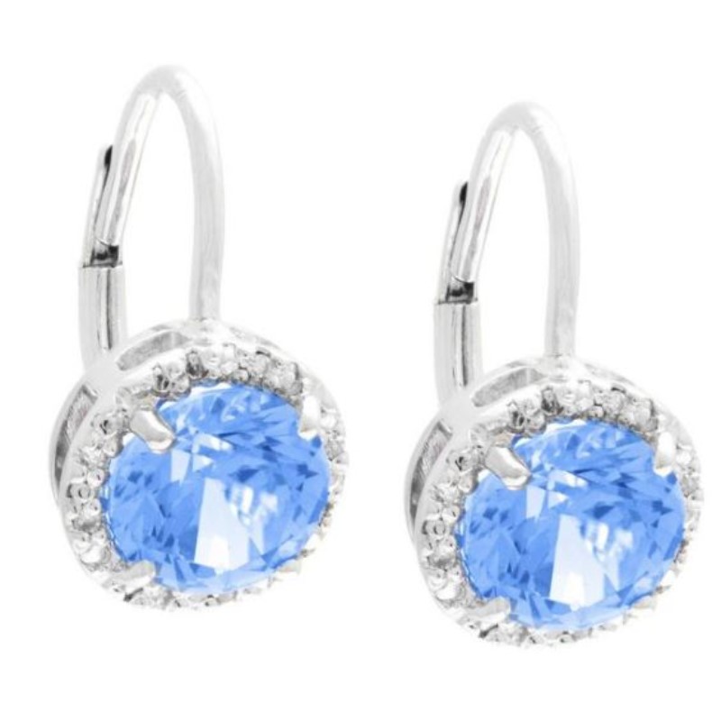 Ladies Sterling Silver Blue Topaz And Dia Leverback Earrings Each Having One Rnd Prg Set Blue Topaz Surr'd By 20 Sc Prg Set Dias.