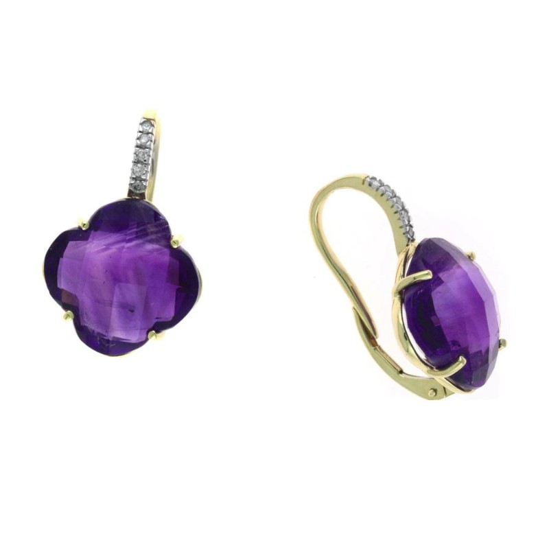 14 Karat Yellow Gold Amethyst And Diamond Earrings