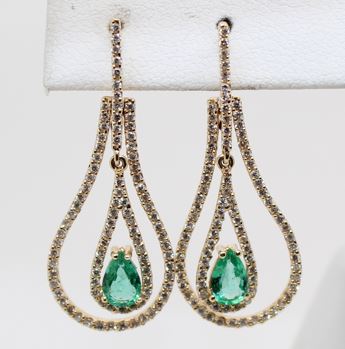 14 Karat Yellow Gold Emerald And Diamond Earrings