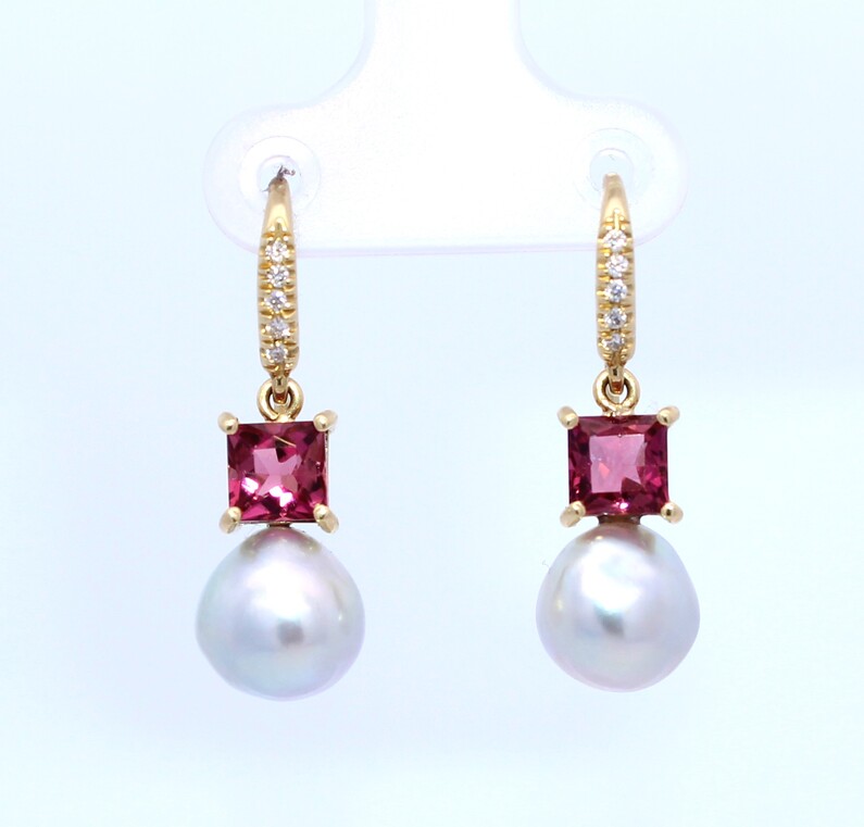 Lauren K 18 Karat Yellow Gold Akoya Pearl  Pink Tourmaline And Diamond Dangle Earrings From The Joyce Collection