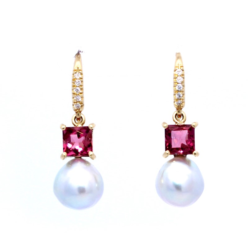 Lauren K 18 Karat Yellow Gold Akoya Pearl  Pink Tourmaline And Diamond Dangle Earrings From The Joyce Collection