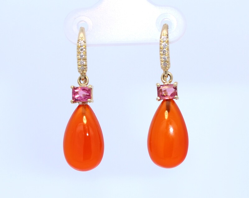 Lauren K 18 Karat Yellow Gold Diamond  Pink Tourmaline And Carnelian Dangle Earrings From The Joyce Collection