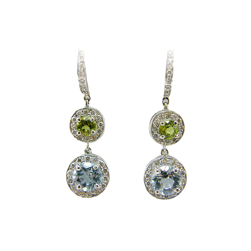 Lauren K 18 Karat White Gold Peridot  Aqua  And Diamond Double Drop Earrings