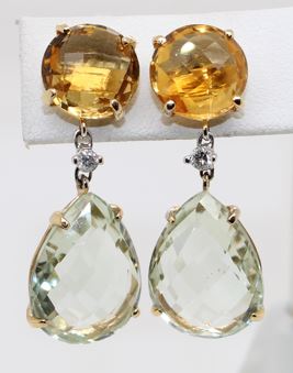 14 Karat Yellow Gold Citrine  Green Amethyst  And Diamond Earring