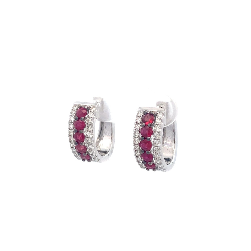 14 Karat White Gold Ruby And Diamond Hinged Hoop Earrings