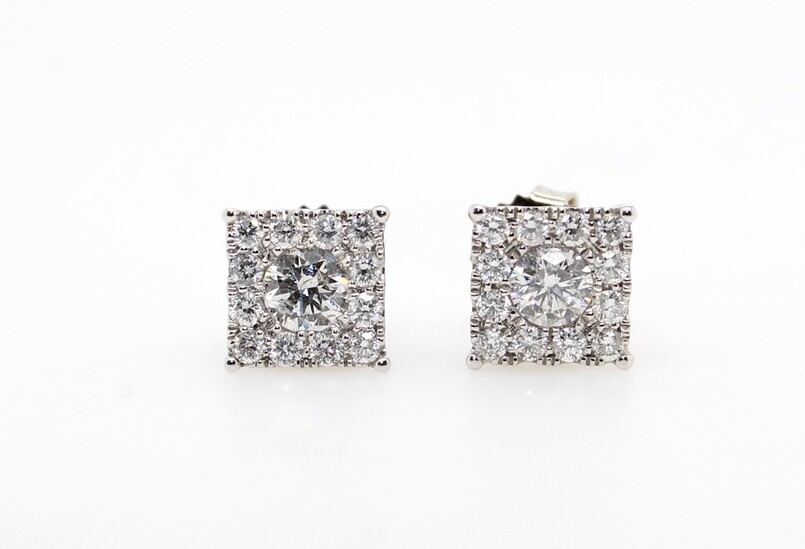 14 Karat White Gold Square Diamond Cluster Earrings