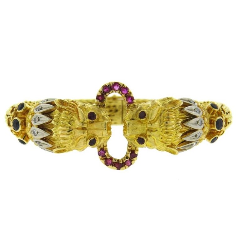 Estate 18 Karat yellow Gold Ilias Lalaonis Chimera Ruby  Diamond And Blue Sapphire Bracelet